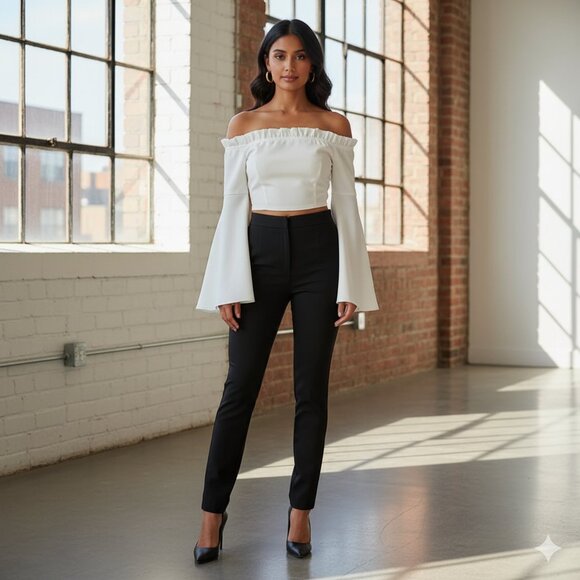 Women's Essue Top Blouse Off Shoulder Split Wide Flare Sleeve Cropped Off White - Picture 4 of 15